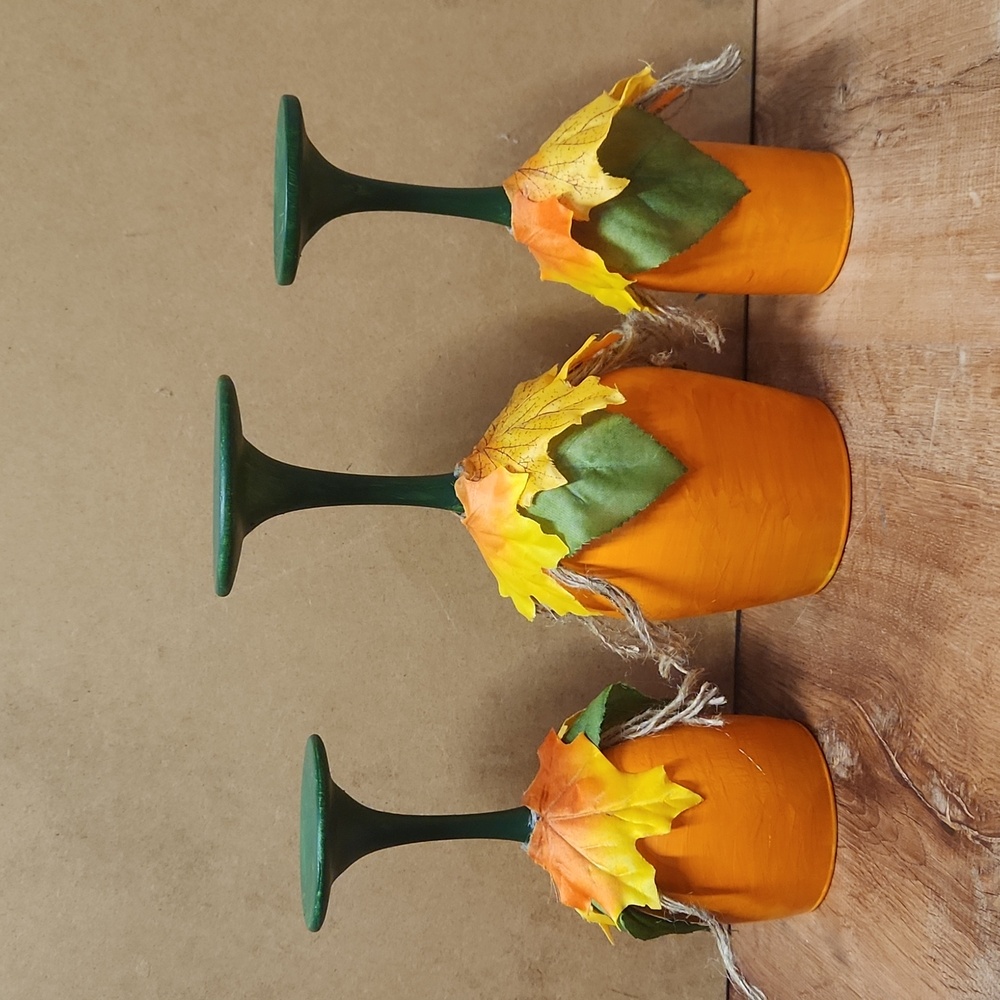 🎄Hand Crafted Pumpkin Wine Glass Candle Holder Set of 3 - Picture 5 of 8
